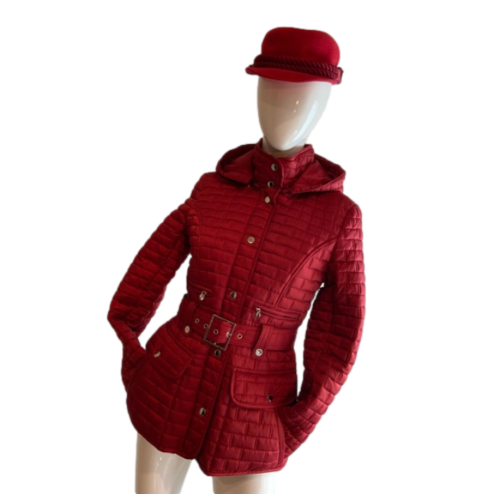 Laundry By Shelli Segal~Red Quilted Coat~Zip-Up & Snap~Pockets~Hood~Belt~Size S
